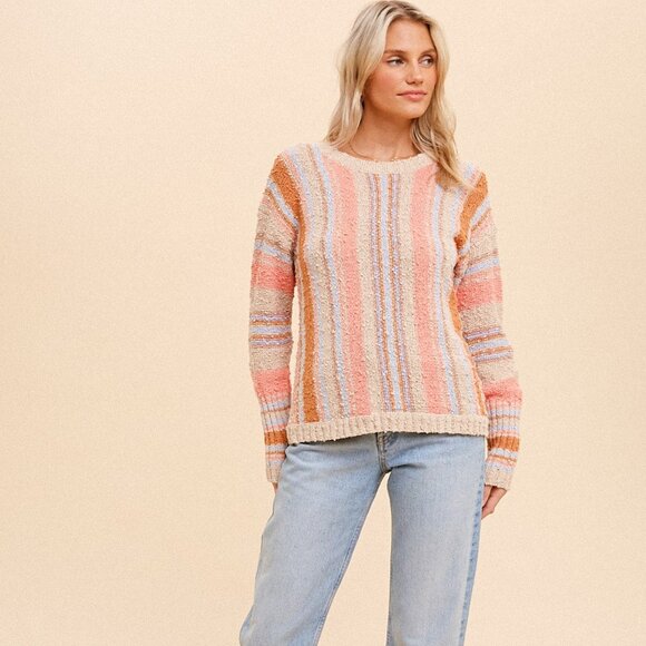 HEM & THREAD Multicolor Striped Knit Sweater Long Sleeve Soft Boho Casual - Picture 2 of 7